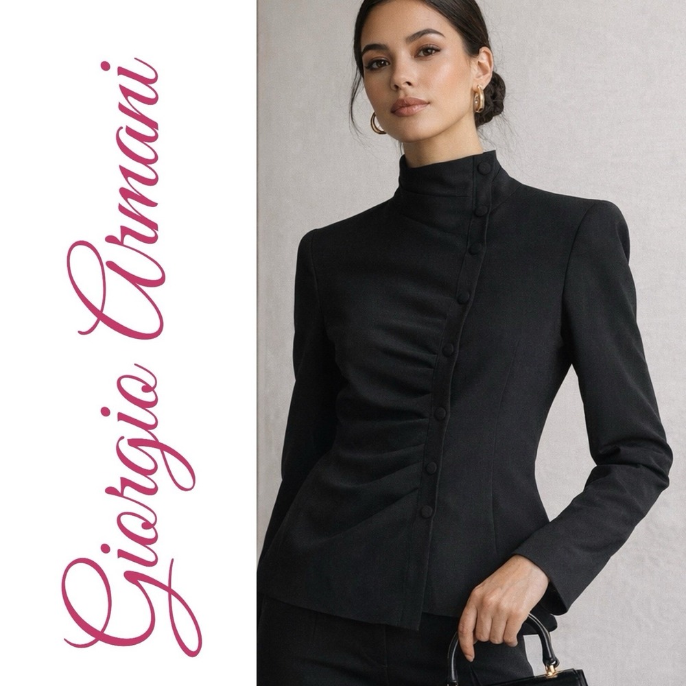 GIORGIO ARMANI VTG Black Asym Mandarin Collar Jacket Ruched Blazer, IT 40 / US 4